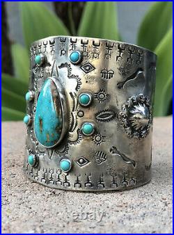HUGE Vtg Fred Harvey Navajo Ingot Silver Stamped Royston Turquoise Cuff Bracelet