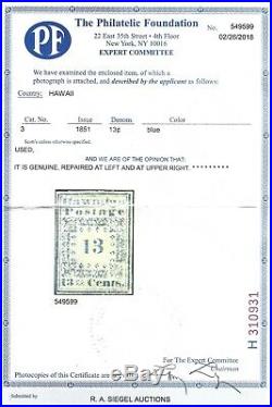 Hawaii #3 13-cent Blue Missionary With Pf Certificate It Is Genuine