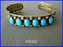 JEFF LARGO Native American Turquoise Row Sterling Silver Repousse Stamped Cuff