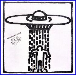 Keith Haring Original Drawing, UFO & man, Signed 1982, Haring Stamp on Back