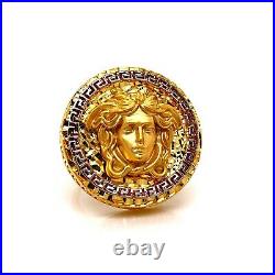 Mens 18k Solid Yellow Gold Medusa Head Greek Key Ring 16.9 Grams