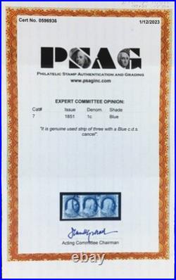 Momen Us Stamps #7 Imperf Strip Of 3 Used Psag Cert Lot #95359