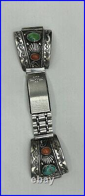 NAVAJO ALFRED JOE STERLING Stamped TURQUOISE CORAL WATCH BAND