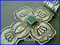 Native American Green Square Turquoise Sterling Silver Stamped Cross Pendant