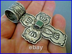 Native American Green Square Turquoise Sterling Silver Stamped Cross Pendant