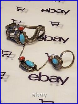 Native American Sterling Silver Coral and Turquoise Slave Bracelet Stamped AJC