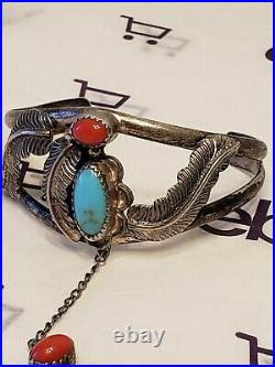 Native American Sterling Silver Coral and Turquoise Slave Bracelet Stamped AJC