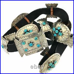 Native American Sterling Silver Kingman Turquoise Stamped Concho Belt