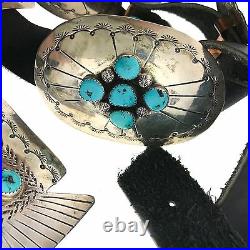 Native American Sterling Silver Kingman Turquoise Stamped Concho Belt