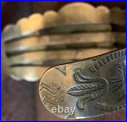 Navajo Bracelet Early Fred Harvey Era w Snake Stamps, 5 Natural Turquoise Stones