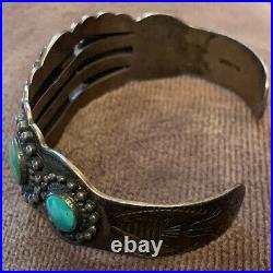 Navajo Bracelet Early Fred Harvey Era w Snake Stamps, 5 Natural Turquoise Stones