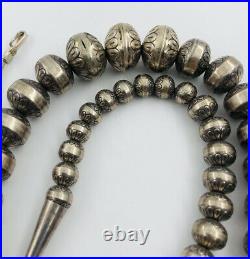 Navajo Sterling Silver Stamped Pearl Bench Bead Graduated Necklace 25.5 -78.7g