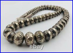 Navajo Sterling Silver Stamped Pearl Bench Bead Graduated Necklace 25.5 -78.7g