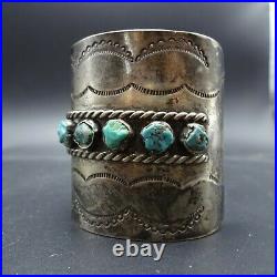 Old 1940s NAVAJO Hand-Stamped Sterling Silver TURQUOISE Wide Cuff BRACELET