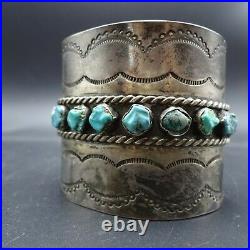 Old 1940s NAVAJO Hand-Stamped Sterling Silver TURQUOISE Wide Cuff BRACELET