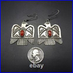 Old Style NAVAJO Hand Stamped Sterling Silver & CORAL Thunder Bird EARRINGS