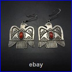 Old Style NAVAJO Hand Stamped Sterling Silver & CORAL Thunder Bird EARRINGS