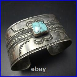 Old-Style NAVAJO Hand-Stamped Sterling Silver TURQUOISE Wide Cuff BRACELET