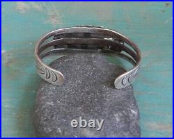 Old Vintage Fred Harvey Era Hand Made Stamped Silver Turquoise Cuff Bracelet