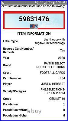 PSA 10 1/1 JUSTIN HERBERT RC #'d 1/5 SSP GREEN PRIZM ROOKIE 2020 Panini Select