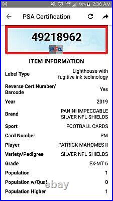 PSA 6 POP 1 PATRICK MAHOMES II /20.999 FINE SILVER NFL SHIELDS 2019 Impeccable