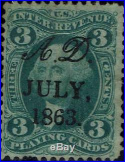 #R17C 1862 3c PLAYING CARDS FIRST ISSUE REVENUE STAMP-1863 PRINTED CANCEL