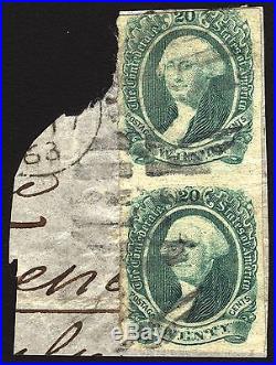 Rare Confederate Stamps Scott #13 20c Green 1863 Used Vertical PAIR on Piece