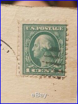 Rare George Washington 1 Cent Stamp Used on postcard dated August 11, 1913