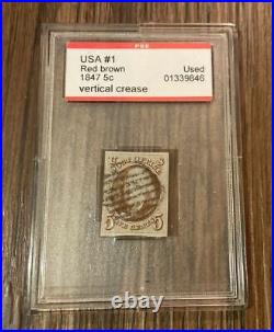 Rare USA #1 Red Brown 1847 5c Ben Franklin Used Stamp W 4 Margins PSE Cased