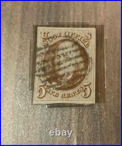 Rare USA #1 Red Brown 1847 5c Ben Franklin Used Stamp W 4 Margins PSE Cased
