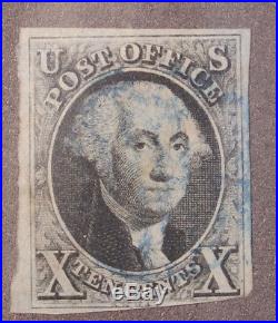 Scott 2 10 Cents Washington Used Nice Stamp Blue Cancel SCV $825.00
