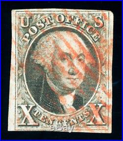 Scott #2, 10c 1847 Black, USED, with bright RED grid cancellation, Scott $800