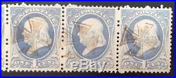 Scott #206 1882 1c Benjamin Franklin horizontal strip of 7 Maltese Cross cancels