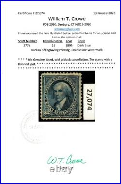 Scott 277a DARK BLUE $2.00 Madison with William T. Crowe Cert. Used
