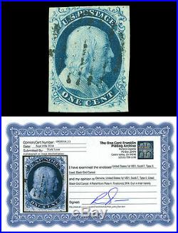 Scott 7 1851 1c Franklin Used VF Curl in Hair Cat $1,100 with CERTIFICATE! RARE