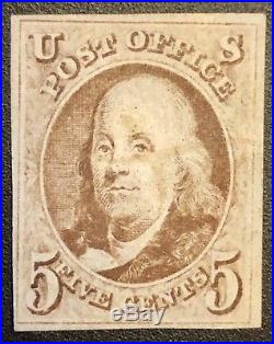 TangStamps US Stamp #1 Franklin 5c Used 4 Margins Light Cancel