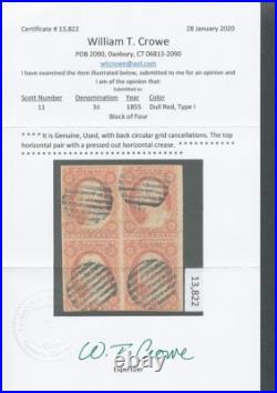 TangstampUS Stamp #11 Used Block 4, Crease, Crowe Certificate, CV $1000