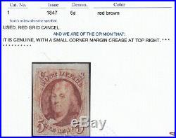 U. S. #1 CHOICE Used XF Large Margin with Cert PF 1847 5c Red Brown