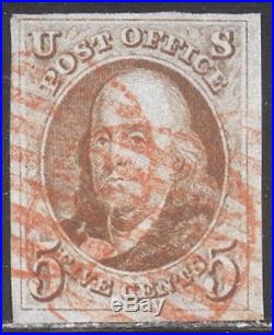 U. S. #1 Used VF withCert 1847 5c Red Brown