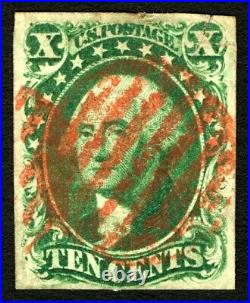 U. S. #15 1855 10c Green Type III F-VF Used with Neat Red Grid Cancel