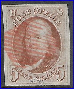 U. S. SCOTT 1 USED VF/XF 1847 5c RED BROWN FRANKLIN ISSUE