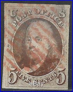 U. S. SCOTT 1a USED BLACKISH BROWN DOT IN S VARIETY CAT. $1,100.00