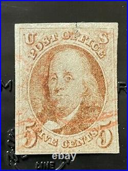 U. S. Scott #1 five cent Franklin 1847 Issue 5c large margins
