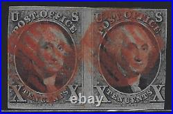 U. S. Stamps Scott # 2 Used Pair Red Cancel Sound (A-002)