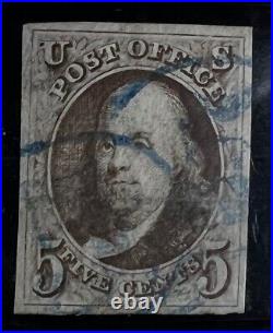 US #1 5¢ FRANKLIN, VF/XF-USED, with BLUE CANCEL NO GUM NH 4 MARGINS