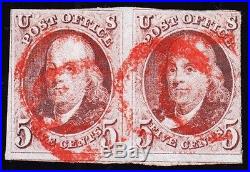 US 1 5c 1847 Franklin Used Pair F-VF with Red Circle Cancels SCV $900