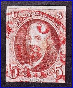 US 1 5c Franklin Used 1847 Issue with Dark Red Town Cancel & PSAG Cert SCV $575