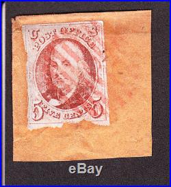 US 1 5c Franklin Used Fine on Piece with Red Grid Cancel SCV $375