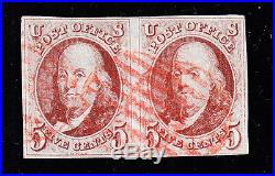 US 1 5c Franklin Used Pair with Red Grid Cancel & with4 Margins SCV $1000