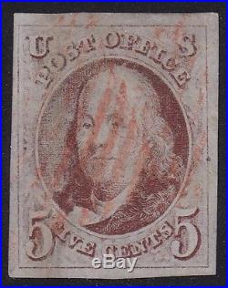US 1 5c Franklin Used XF appr with Red Grid Cancel SCV $375